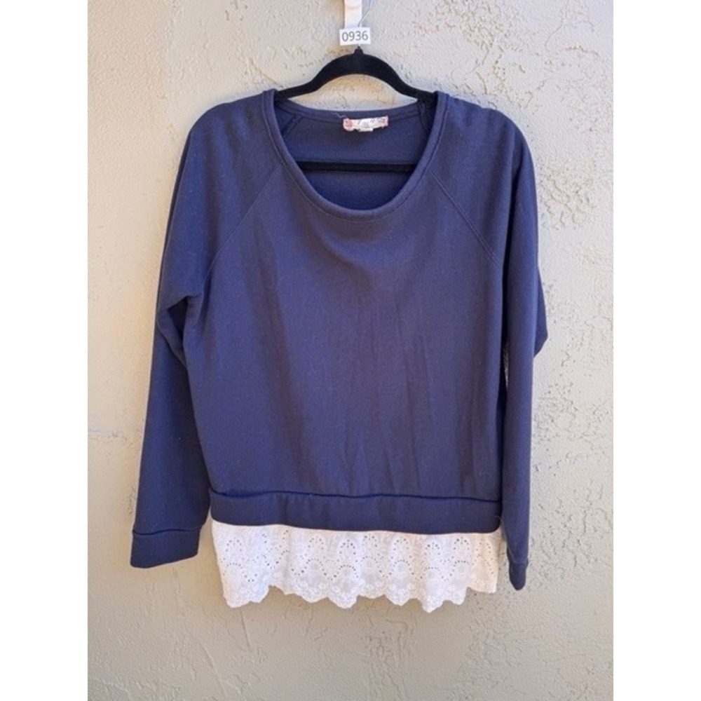 Pink Rose Womens Navy Blue Sweatshirt White Eyelet Lace Top LG Cottage Coquette